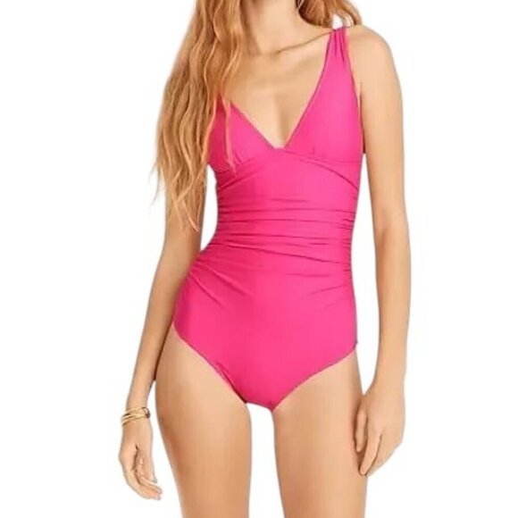 NEW J. Crew Ruched V Neck One Piece Size 0 Pink Radiant Fuchsia - Picture 1 of 9